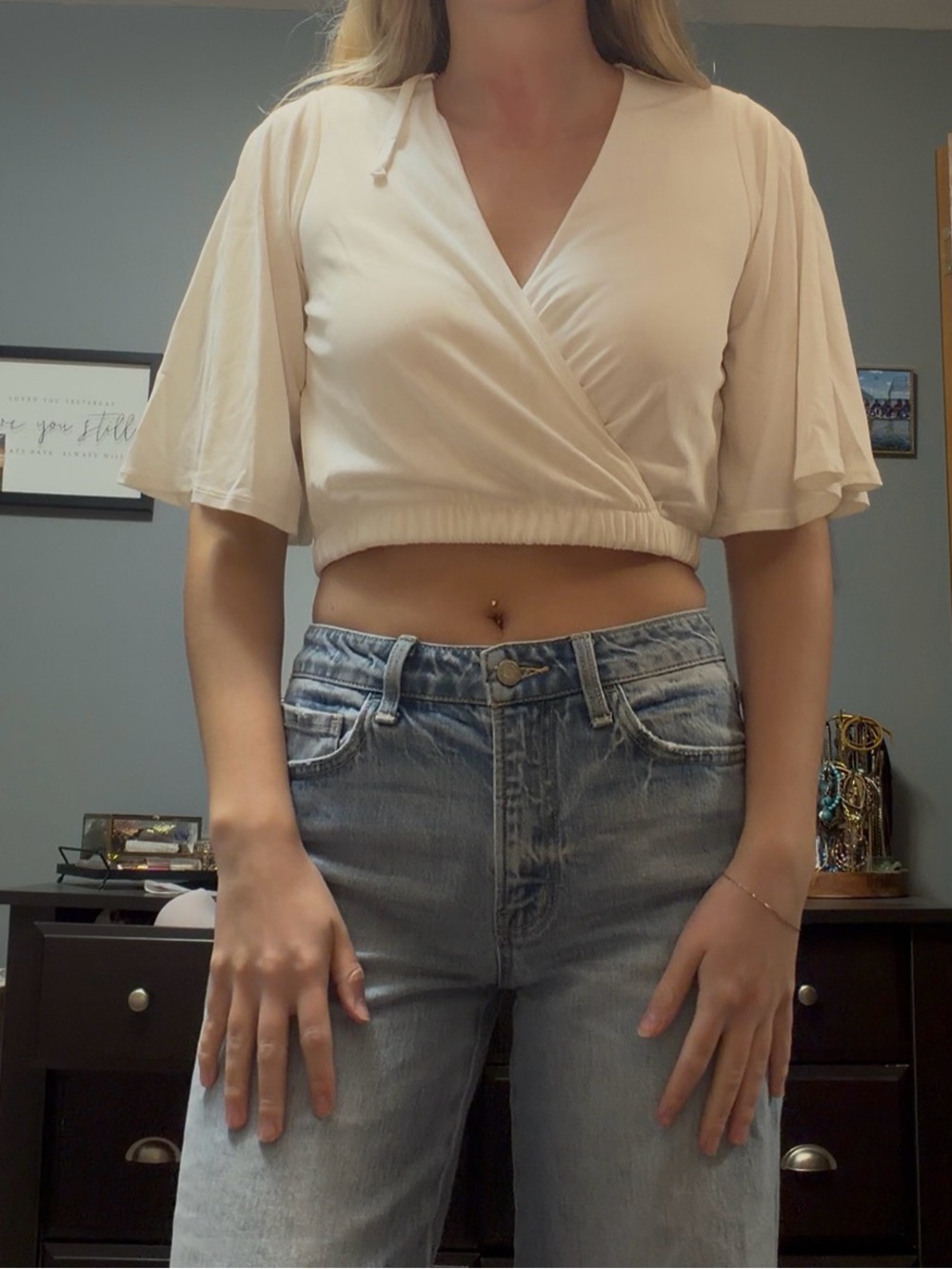 Lulu's Cream Wrap Crop Top with Flutter Sleeves